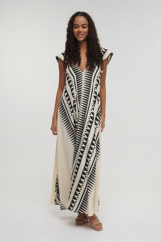 VESTIDO LONGO BEGE E PRETO