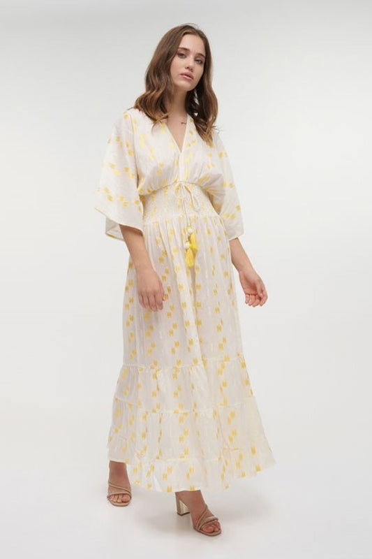VESTIDO LONGO BRANCO E AMARELO