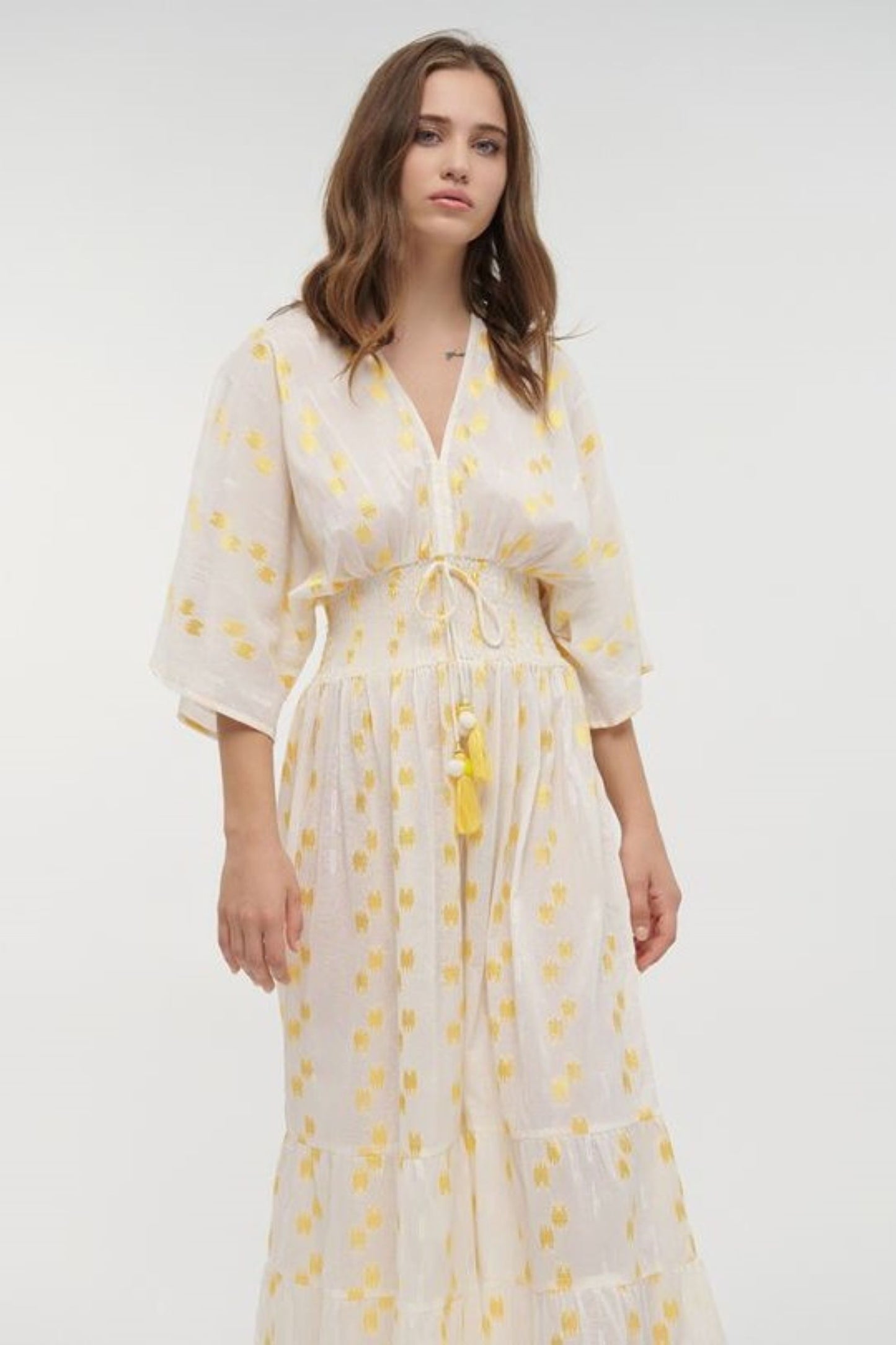 VESTIDO LONGO BRANCO E AMARELO